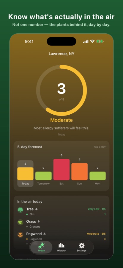 Pollenary showing today's pollen level and the plants behind it
