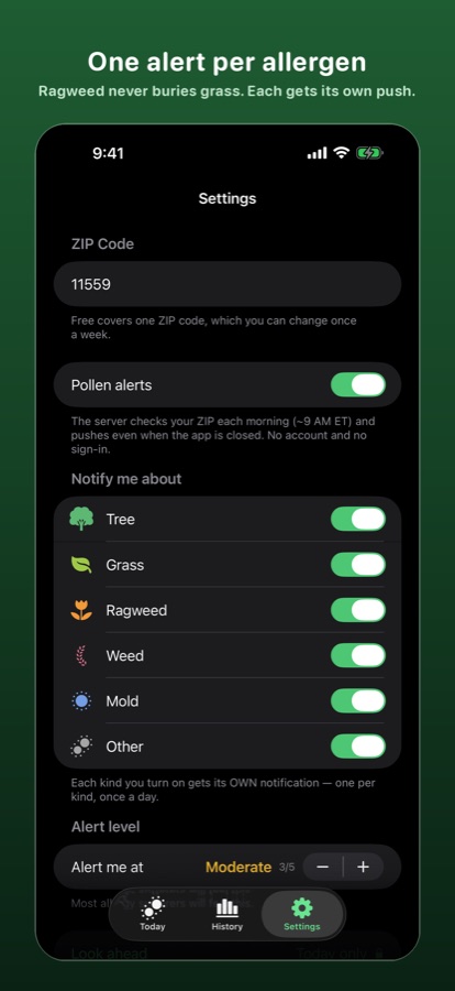 Per-allergen notification toggles in Pollenary settings