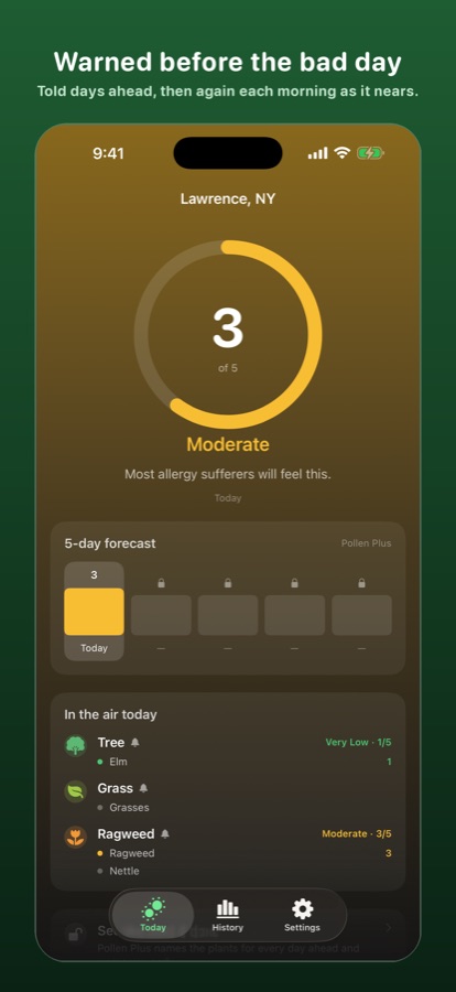 Pollenary five-day forecast strip
